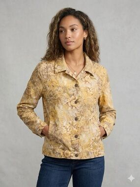 CJ Christopher & Banks Cotton & Linen Yellow Floral Button-Front Travel Jacket